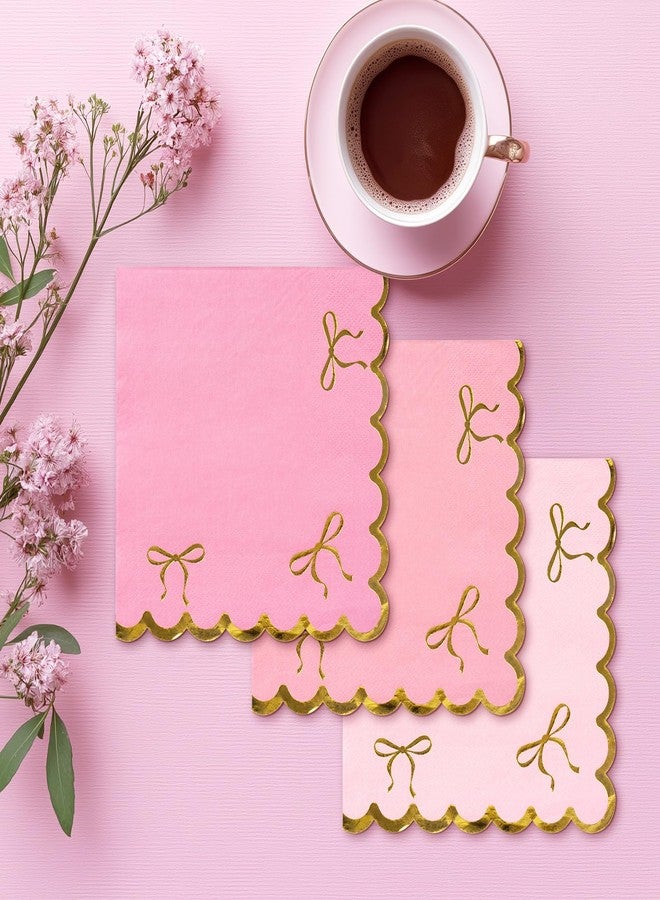 ARQRHTLY 150 Pcs Gold Bow Pink Napkins, Pink Cocktail Napkin with Gold Foil Scalloped Edges 6.5 X 6.5 Inch, Bow Paper Cocktail Napkin for Bachelorette Bridal Party Decor Girls Birthday Baby Shower Supplies - Image 4